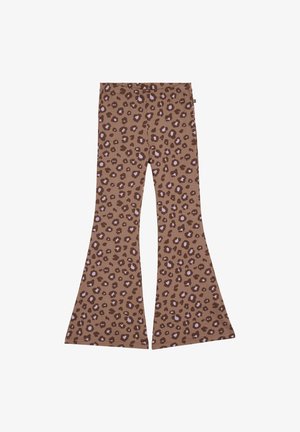 Brūnas leoparda raksta platās bikses ar gaiši violetiem un tumši brūniem plankumiem, elastīga josta, izklātas uz baltas virsmas.