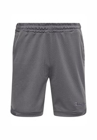 Shorts de sport gris en maille légère et respirante ; dotés d'une taille élastique et d'un logo brodé sur le devant.