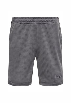 Gray athletic shorts made of lightweight, breathable mesh material; features an elastic waistband and embroidered logo on the front.