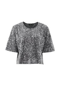 Silberner, paillettenbesetzter Kurzarm-Top mit rundem Ausschnitt und weichem Material, das ein verkürztes Design und schimmernde Oberflächendetails aufweist.