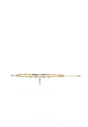Double-strand beaded anklet with green and orange beads, small gold charms, and a central gold bell charm.