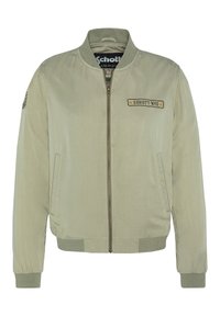 Olivovo zelená bomber bunda vyrobená z mäkkého materiálu, s predným zipsom, rebrovanými manžetami a logom na hrudi. Dve bočné vrecká.