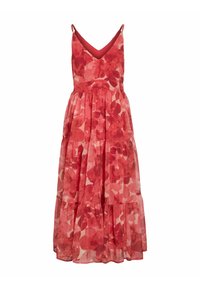 Robe maxi avec décolleté en V, en tissu léger dans des nuances de rouge et de rose, présentant un design en couches et à plusieurs niveaux.