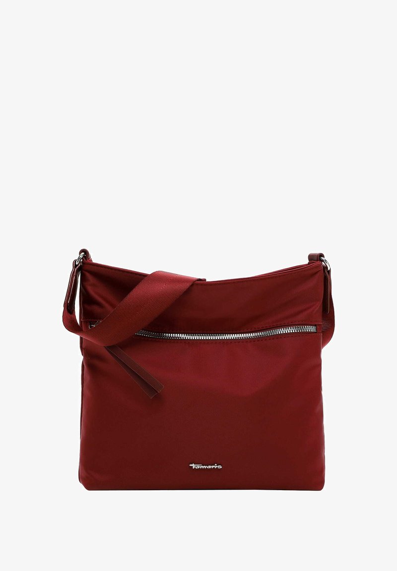 Red nylon crossbody bag with a zippered pocket, adjustable strap, and logo detail on the front. Smooth texture with a slouchy design.
