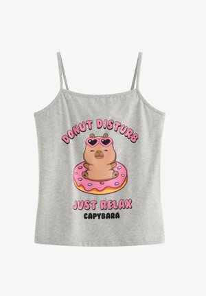 Grå ærmeløs top med tegneserie-kapybara iført hjerteformede solbriller, der sidder på en glasurbelagt pink donut med teksten "Donut Disturb Just Relax".