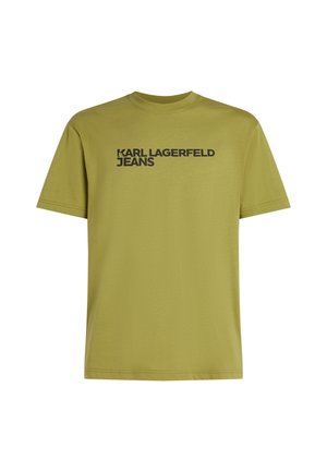 Olijfgroen katoenen T-shirt met korte mouwen en ronde hals, met een zwart bedrukt logo "KARL LAGERFELD JEANS" op de voorkant.