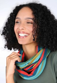 Multicolored striped scarf featuring shades of blue, red, orange, and green. Made of soft fabric with a continuous loop design.