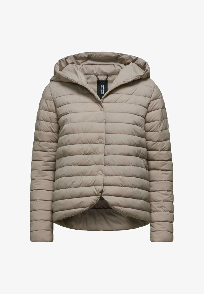 Giacca puffer imbottita beige con cappuccio, chiusura a scatto e cuciture orizzontali. Presenta una morbida texture e una lunghezza cropped.