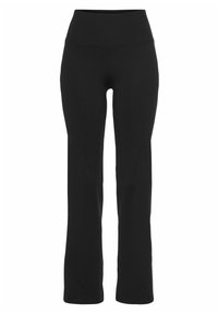 Schwarze hochtaillierte Leggings aus dehnbarem Material. Mit ausgestellten Beinen und glatter Textur ohne sichtbare Muster oder Beschläge.
