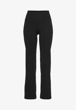 Black high-waisted leggings made from stretchy material. Features flared legs and smooth texture with no visible patterns or hardware.