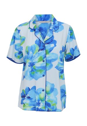 Camisa de manga corta con botones, con estampado grande de flores en azul y verde y ribete azul oscuro en el cuello y las mangas.