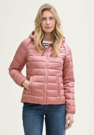 Rosa gepolsterte Jacke mit Kapuze, Frontreißverschluss und zwei Taschen. Verfügt über ein gesteppter Design und glatte Textur, kombiniert mit einem gestreiften Innen-Shirt.