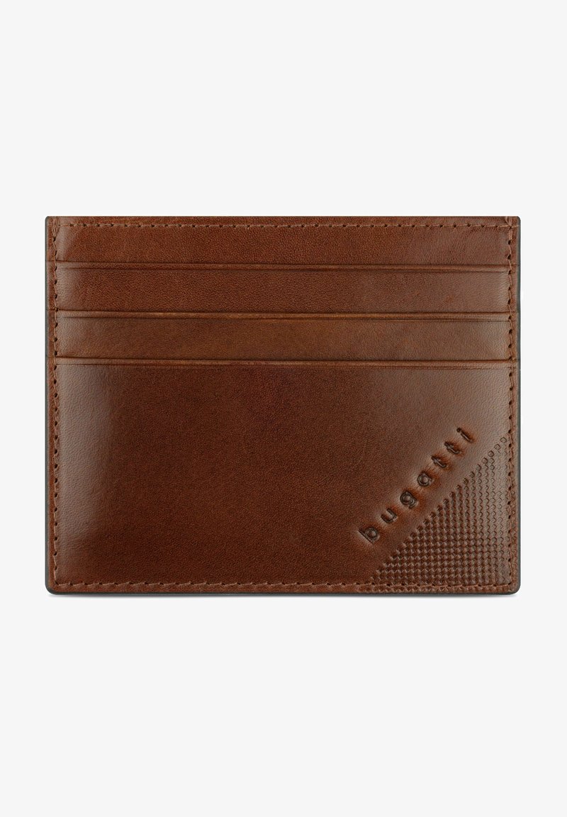 Brown leather card holder featuring multiple slots, a textured accent in one corner, and embossed logo detail. Compact and rectangular shape.