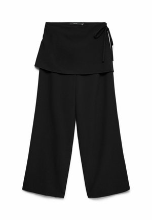 Pantalon noir à jambes larges avec surjupe style portefeuille attachée par un nœud à la taille, étalé à plat sur fond blanc.