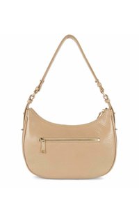 Borsa hobo in pelle marrone chiaro con finitura testurizzata, forma curva, tracolla regolabile e tasca frontale con zip e hardware in tonalità oro.