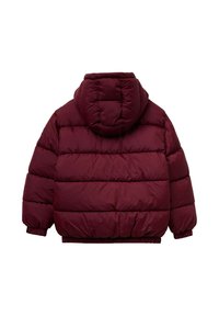 Burgundowa kurtka puchowa z kapturem, z pikowanymi sekcjami, elastycznymi mankietami i ściągaczem u dołu dla idealnego dopasowania.