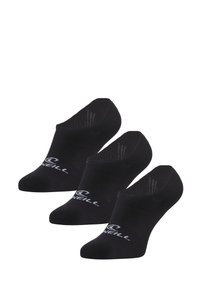 Chaussettes noires jusqu'à la cheville avec un ajustement serré, un dessus texturé et un logo. Le tissu semble lisse et extensible, conçu pour le confort et la respirabilité.