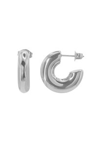 Orecchini a cerchio in argento con una superficie liscia e lucida e un design curvo e massiccio. Inclusi anche il perno posteriore per un indossamento sicuro.