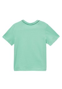 Minzgrünes T-Shirt mit kurzen Ärmeln aus weicher Baumwolle. Verfügt über einen kontrastierenden schwarzen Halsausschnitt und ein einfaches, nahtloses Design.
