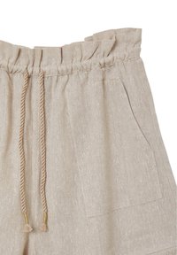 Pantalons en lin beige avec une taille froncée, fermeture à cordon de serrage et poches devant. Tissu texturé avec une coupe décontractée.