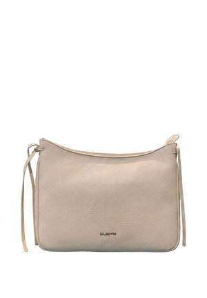 Beige rechteckige Lederschultertasche mit dünnem Riemen und silbernem Markenlogo vorne in der Mitte.