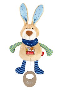 Plüschkaninchen-Spielzeug mit weichem beige-farbenem Fell, blauen Punktoohren, grün-blau gestreiften Armen und Beinen sowie einem Zugring am Boden.