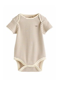 Body pentru bebeluși cu mâneci scurte, bej cu dungi orizontale maro deschis, textură moale cu nervuri și capse la partea de jos.