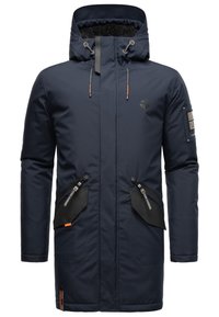 Marinblå, lång parka jacka med huva fodrad med päls, två framfickor med dragkedja och detaljer i svart och orange metall. Vattentätt material.