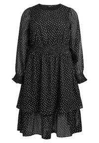 Melna kleita ar sudraba punktiņu rakstu, izšūta josta, garas piedurknes un slāņota svārku daļa. Viegls audums ar teksturētu apdari.