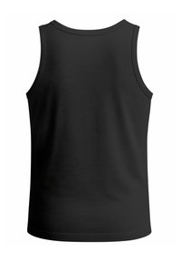 Schwarzes ärmelloses Tanktop mit glatter Textur, rundem Ausschnitt und geradem Saum; minimalistisches Design ohne Muster oder Verzierungen.