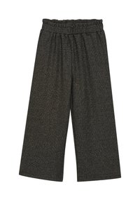 Weite Hose aus dunkelgrauem Stoff mit elastischem Bund. Das Material hat einen dezenten Glanz, eine weiche Textur und einen Schnitt über dem Knöchel.