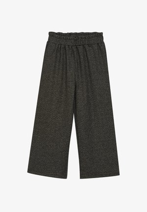 Weite Hose aus dunkelgrauem Stoff mit elastischem Bund. Das Material hat einen dezenten Glanz, eine weiche Textur und einen Schnitt über dem Knöchel.