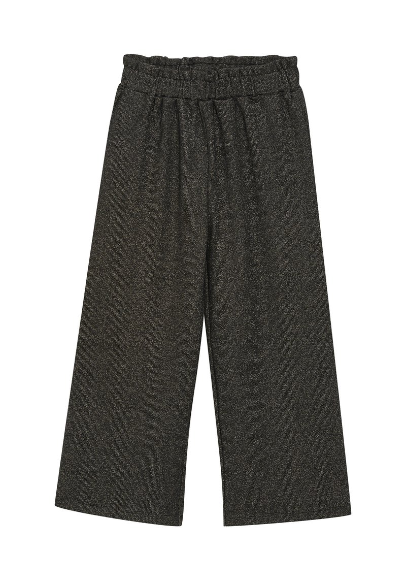 Weite Hose aus dunkelgrauem Stoff mit elastischem Bund. Das Material hat einen dezenten Glanz, eine weiche Textur und einen Schnitt über dem Knöchel.