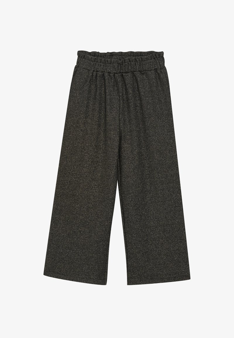 Wijde broek in donkergrijs stof met elastische tailleband. Materiaal heeft een subtiele glans, zachte textuur en een snit boven de enkel.