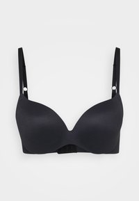 Fekete push-up melltartó zökkenőmentes kosarakkal, állítható pántokkal, és hátul kapoccsal. Simaság és klasszikus dizájn jellemzi.