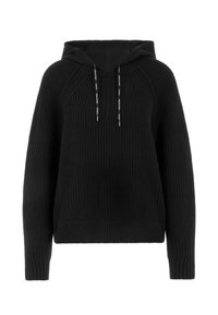 Schwarzer Strick-Hoodie mit gerippter Textur, Kordelzügen am Hals und lässiger Passform. Verfügt über lange Ärmel und einen breiten Bund.