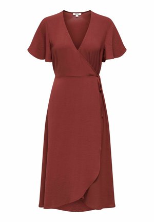 Ruosteenvärinen kietaisumekko, jossa lyhyet hulmuavat hihat ja sivulla solmittava yksityiskohta, midipitkä ja teksturoitu kangas.