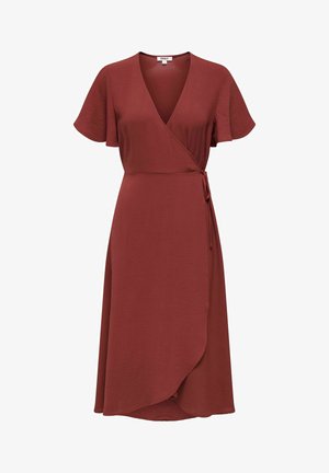 Haljina u boji hrđe, obavijajućeg kroja s kratkim lepršavim rukavima i detaljem bočne vrpce, midi dužine i teksturiranog tkanja.