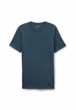 Dunkeltürkisfarbenes Rundhals-T-Shirt aus weichem Stoff mit kurzen Ärmeln und normaler Passform. Glatte Textur mit einem dezenten Melange-Muster.