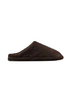 Chausson en peluche marron avec un bout fermé et une forme arrondie, présentant une texture douce et un design minimaliste sans matériel visible.