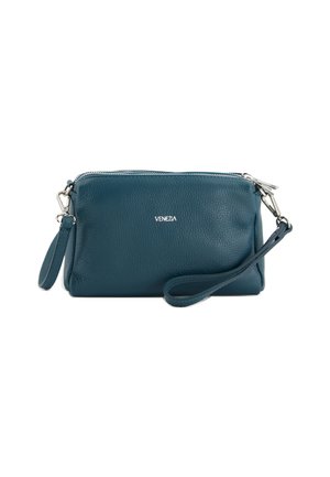 Teal leather clutch with textured surface, top zipper, and detachable wrist strap. Features small silver logo on the front. Compact rectangular shape.