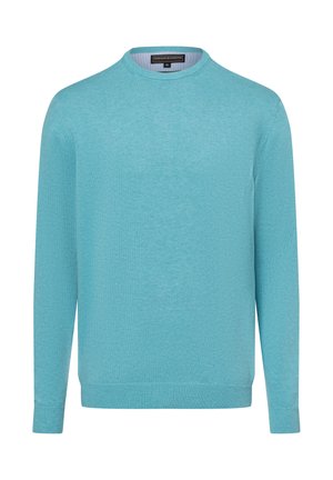 Hellblaue, langärmelige Rundhals-Pullover aus feiner Strickware. Mit gerippten Bündchen und Saum. Keine Muster oder sichtbaren Akzente.