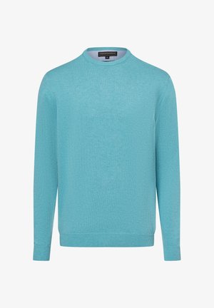 Hellblaue, langärmelige Rundhals-Pullover aus feiner Strickware. Mit gerippten Bündchen und Saum. Keine Muster oder sichtbaren Akzente.