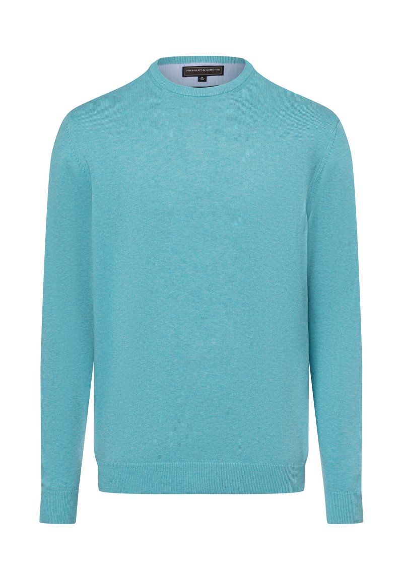Lichtblauwe, langwerpige crewneck sweater gemaakt van fijne brei stof. Beschikt over ribgebreide manchetten en een zoom. Geen patronen of accenten zichtbaar.
