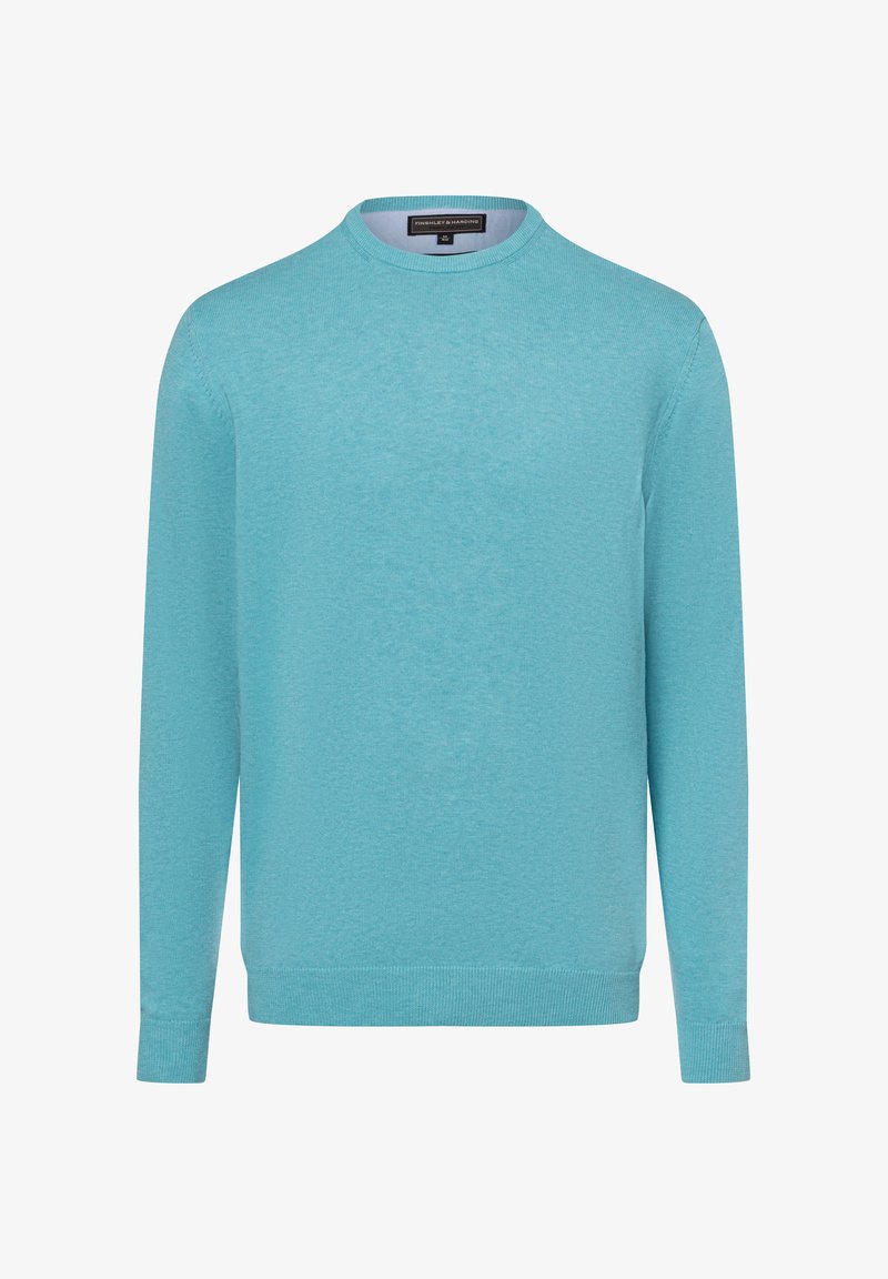 Lichtblauwe, langwerpige crewneck sweater gemaakt van fijne brei stof. Beschikt over ribgebreide manchetten en een zoom. Geen patronen of accenten zichtbaar.