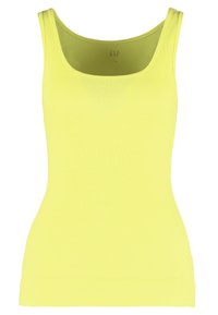 Débardeur jaune à côtes avec un décolleté en forme de scoop et de larges bretelles. Fabriqué en tissu extensible, conçu pour épouser la silhouette. Logo imprimé à l'intérieur.