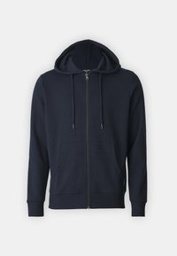 Felpa con zip di colore blu navy realizzata in tessuto misto cotone. Presenta un cappuccio con cordino, due tasche frontali e polsini e orlo a coste.