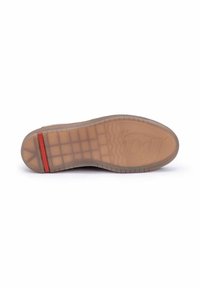 Gummisneaker-Sohle mit einem strukturierten Muster. Die Farbe ist beige mit einem roten Streifen an der Ferse. Verfügt über ein Rautenmuster und ein geprägtes Logo.