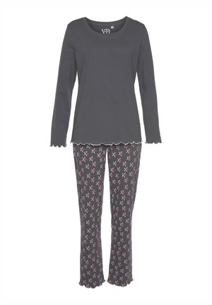 Gray long-sleeve top with scalloped hem paired with patterned pajama pants featuring pink and white star designs on a dark background.