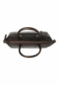 Borsa in pelle marrone scuro con forma rettangolare, doppi manici superiori, chiusura con zip e dettagli di cucitura sottili. Texture liscia complessivamente.